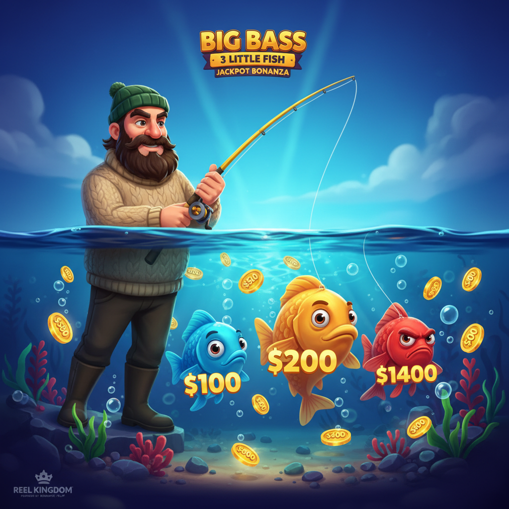 Big Bass 3 Little Fish Jackpot Bonanza Slot: Angler mit drei bunten Fischen, orange gelber und blauer Fisch, Unterwasser-Angelszene mit Geldwerten