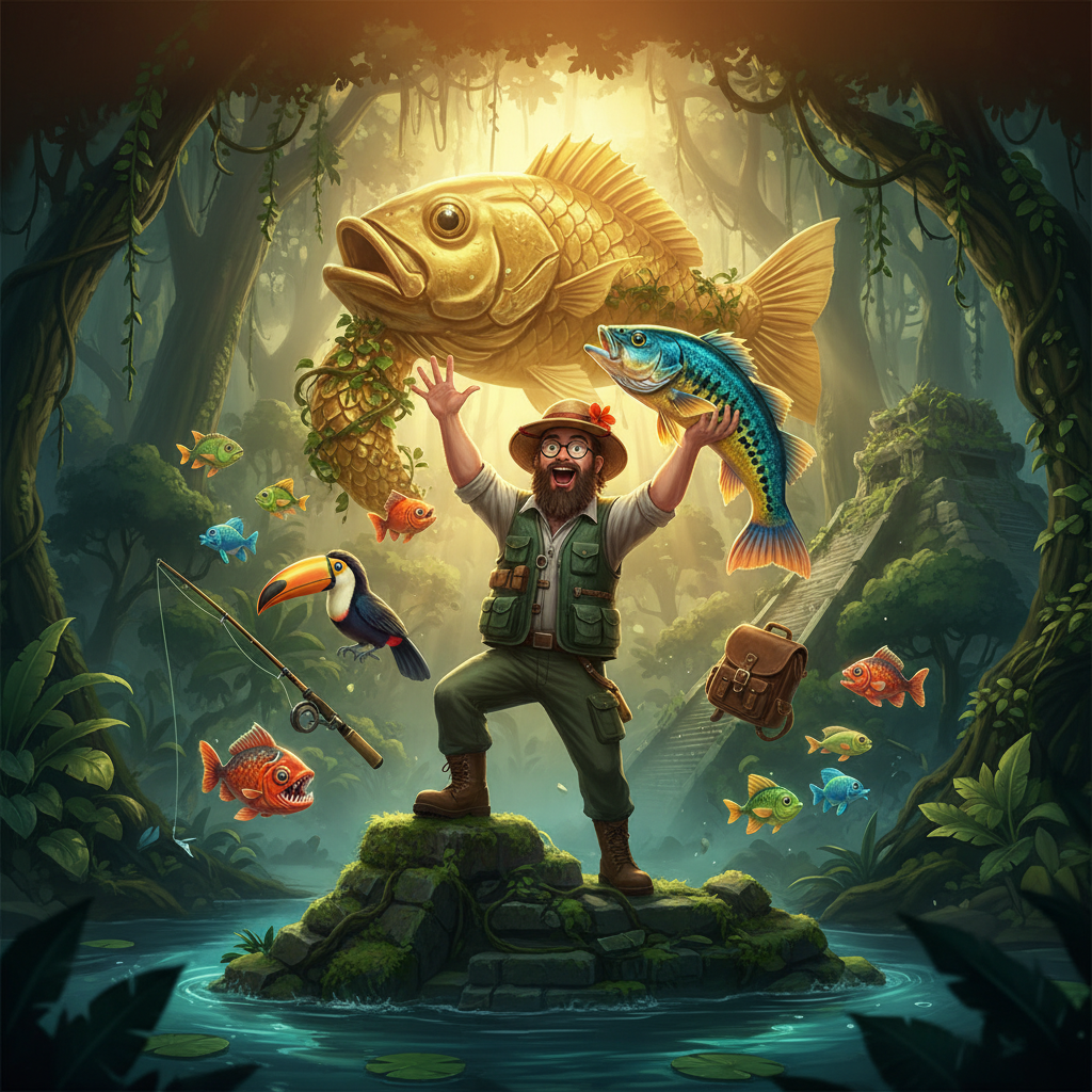 Big Bass Amazon Xtreme Slot: Fisherman im Amazonas-Dschungel mit bunten exotischen Fischen, Toucan und Piranha-Symbolen