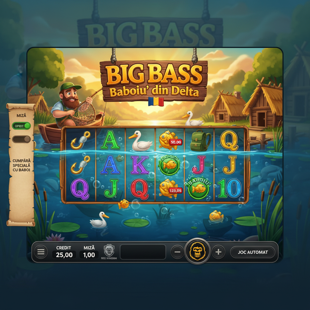 Big Bass Baboiu' din Delta Spielautomat mit Angler, Hecht und Donaudelta-Szene