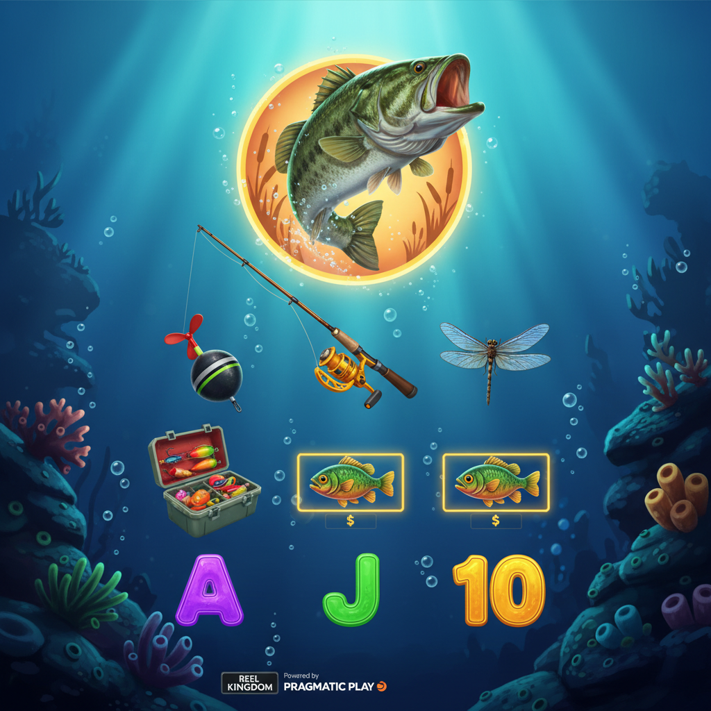 Big Bass Bonanza 3 Reeler Slot mit springendem Bass, Angelrute, Köder und Money Fish Symbolen in Unterwasser-Szenerie