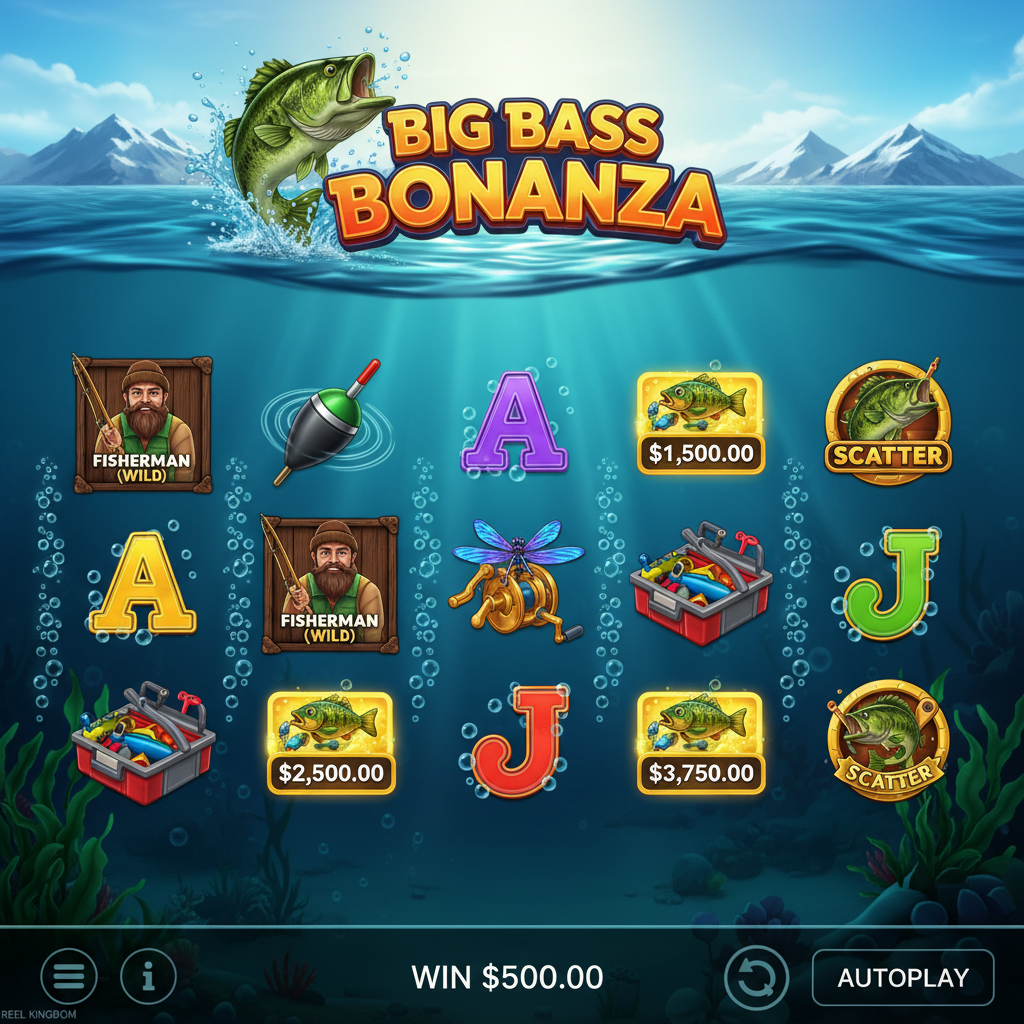 Big Bass Bonanza Slot mit Unterwasser-Angelmotiv, Barsch, Fischer-Wild-Symbol und goldener Angelrolle auf 5x3 Walzen