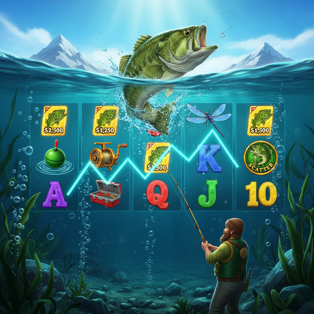 Big Bass Bonanza Slot mit Angler, Bass-Fisch, Schwimmer und Unterwasser-Hintergrund mit Gewinnlinien
