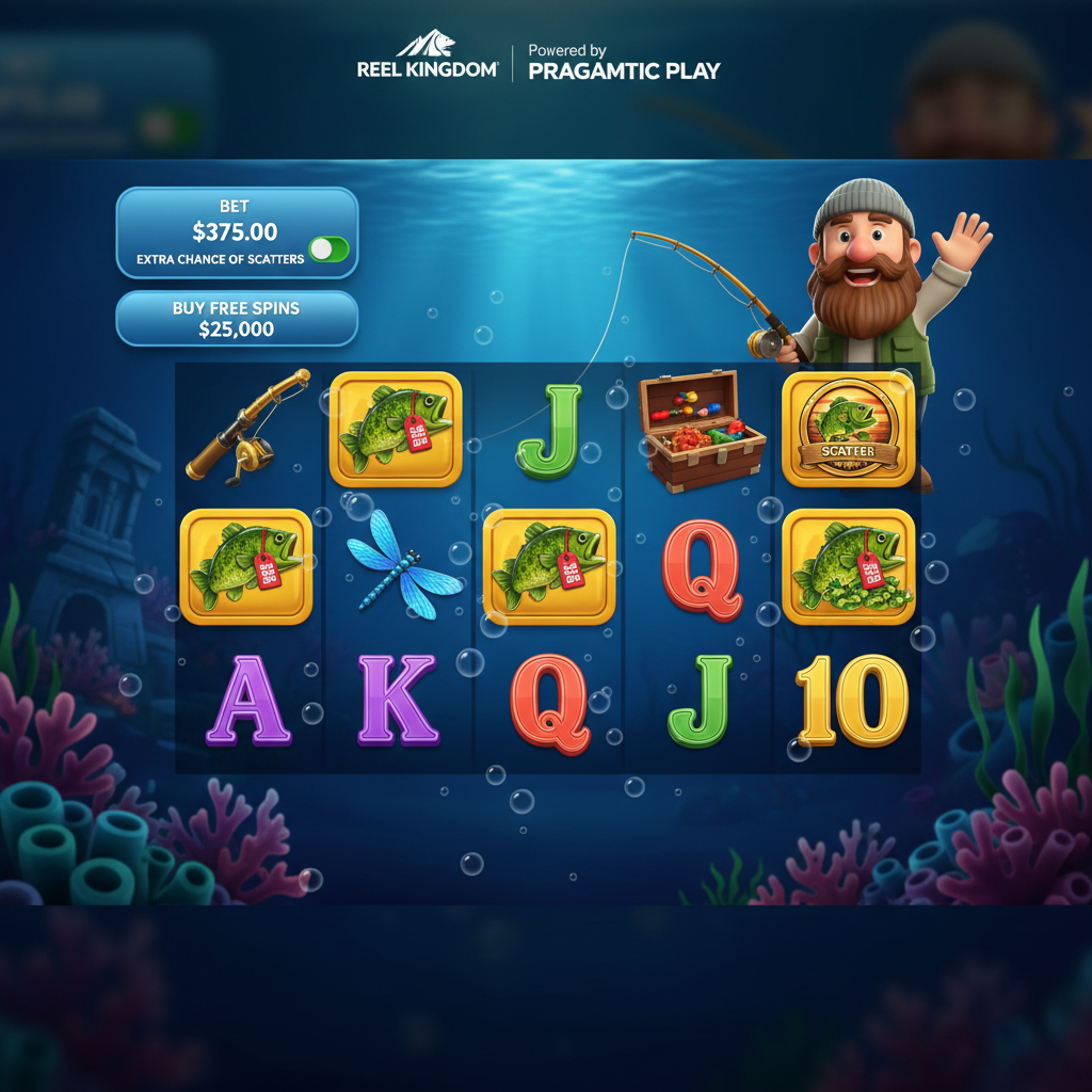 Big Bass Bonanza Keeping it Reel Slot mit Angler, Unterwasserwelt, goldenen Bass-Fischen und Scatter-Symbolen