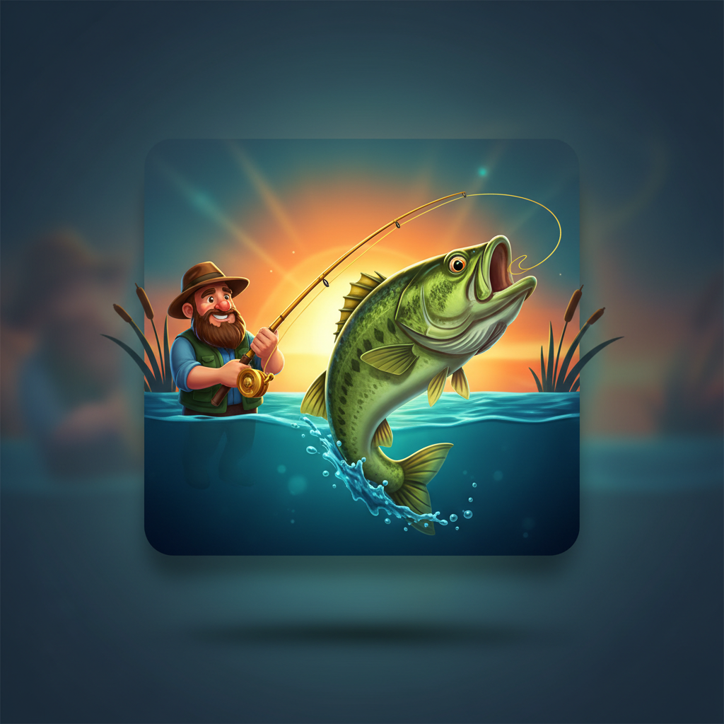 Big Bass Bonanza Megaways Slot mit springendem Barsch, Fischer-Charakter und goldener Angel vor Unterwasser-Sonnenuntergang-Kulisse