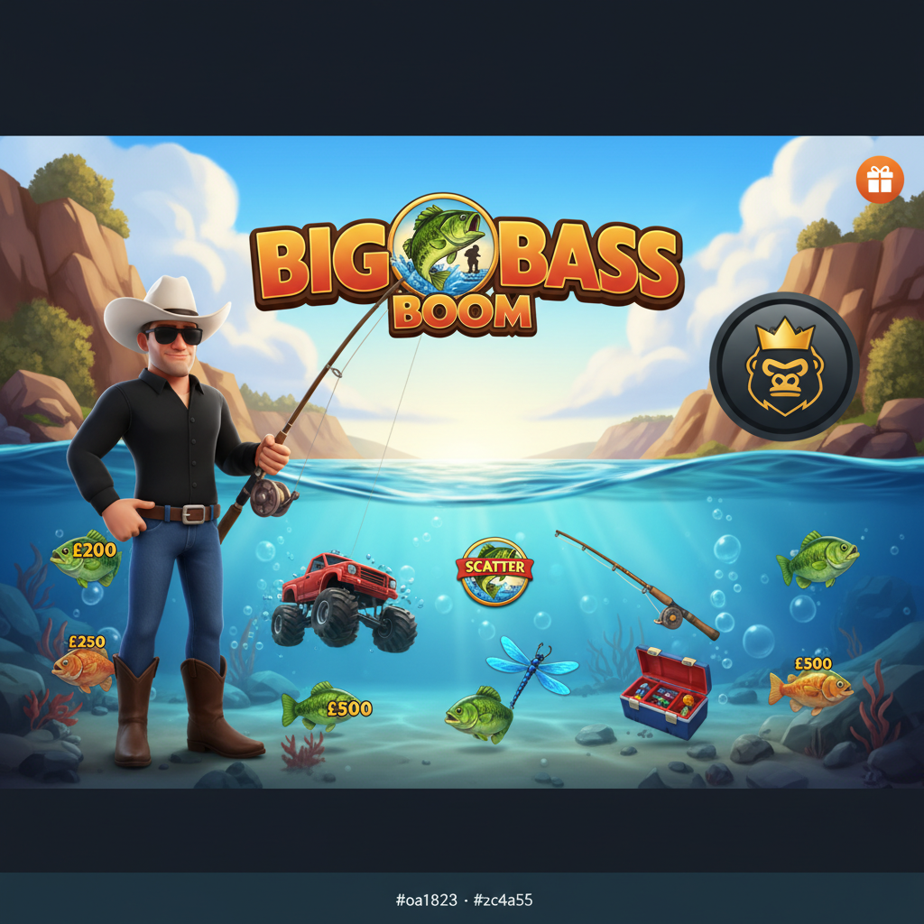 Big Bass Boom Slot mit Angler-Charakter in weißem Cowboyhut, Angelrute, Monsterstruck und bunten Fisch-Geldsymbolen vor Unterwasser-Flussszene