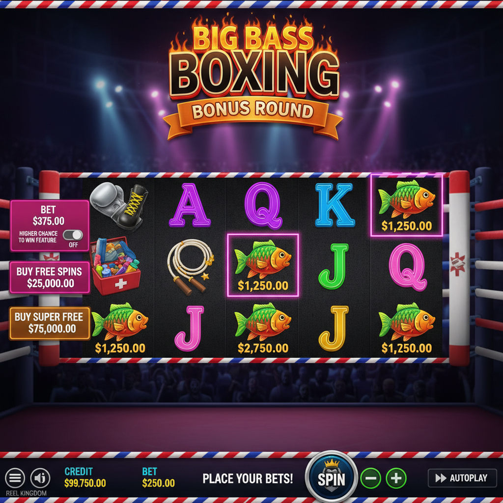 Big Bass Boxing Bonus Round Slot mit boxring und bunten Fischsymbolen, roten und blauen Boxer-Wilds, Freispiel-Bonus mit Geldwerten