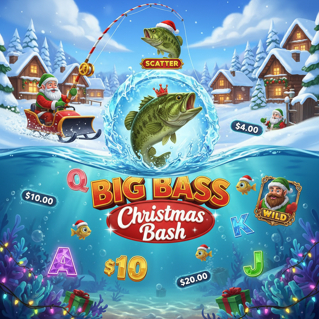 Big Bass Christmas Bash Slot – Eisangel-Szene mit Weihnachtsmann, Bass-Fisch mit Krone, verschneiter Winterlandschaft und Freispiel-Symbolen