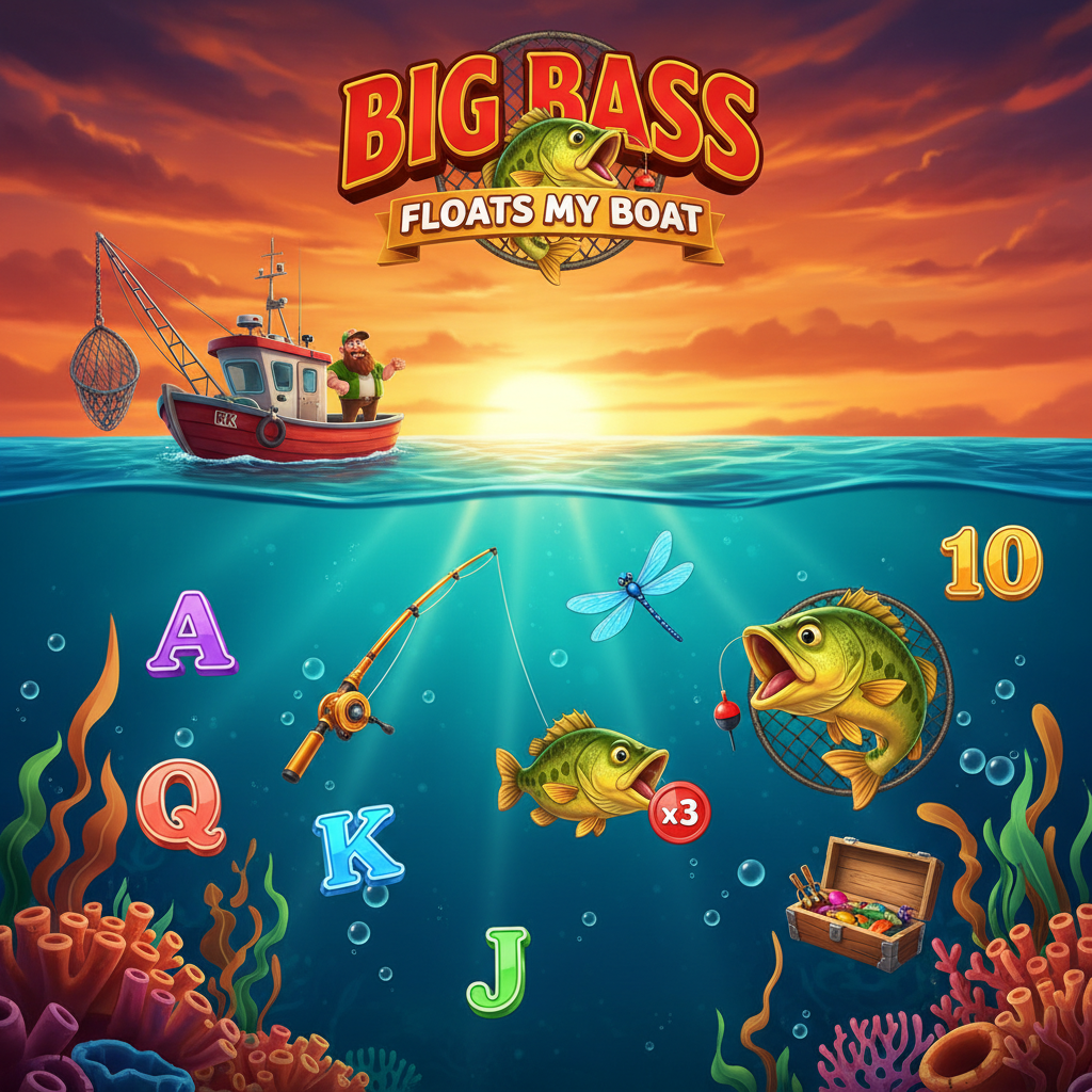 Big Bass Floats My Boat Slot mit Fischerboot, springendem Bass-Fisch, Unterwasser-Szene und Sonnenuntergang