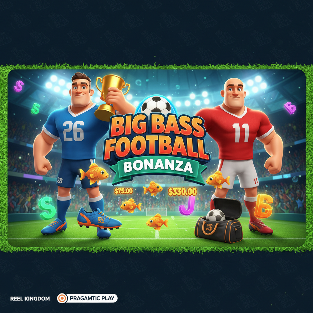 Big Bass Football Bonanza Spielautomat mit zwei Fußballspielern im Stadion, Fischmoney-Symbole und Freispiel-Features von Pragmatic Play