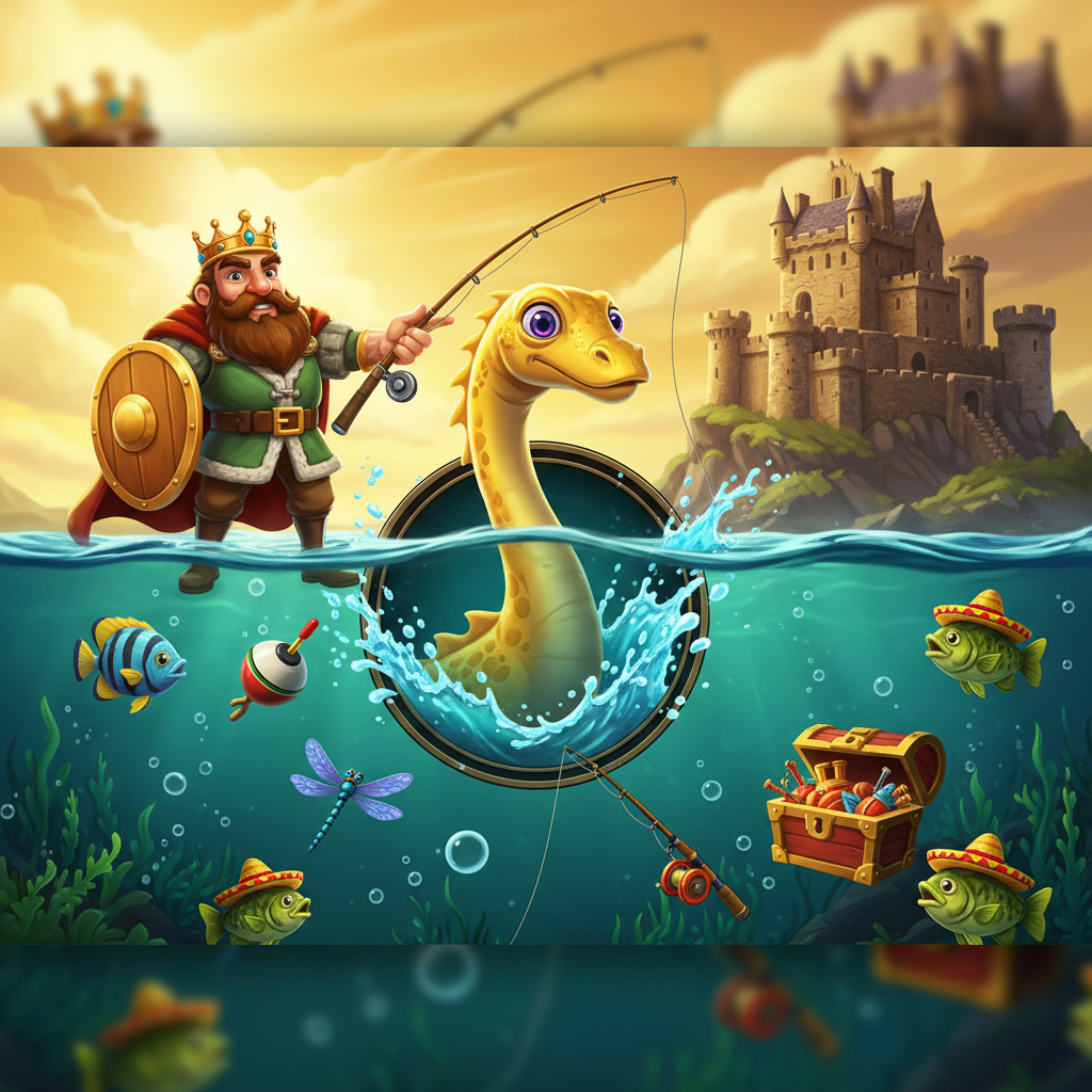 Big Bass and the Gold Ness Monster Slot mit Angler-König, goldenem Nessie-Monster, schottischem Schloss und Unterwasser-Angelabenteuer mit Scatter-Symbolen und Schatztruhen