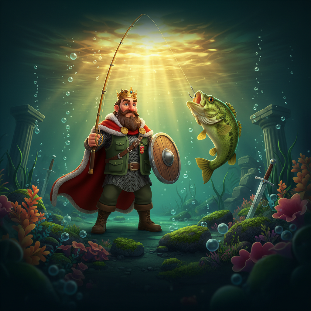 Big Bass Secrets of the Golden Lake Slot mit Fischermeister König in mittelalterlicher Rüstung, grünem Bass, versunkenen Ruinen und goldenem See