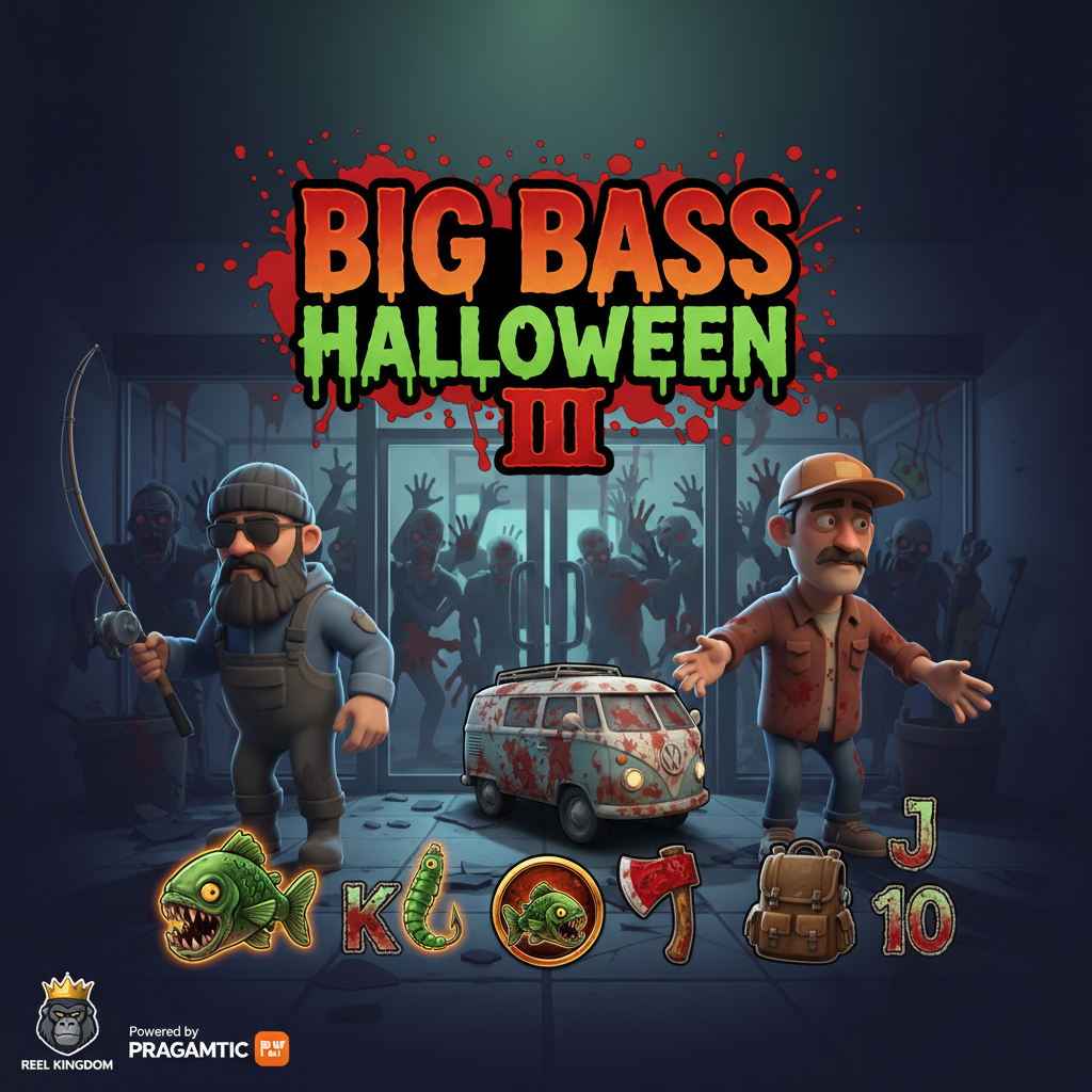 Big Bass Halloween III Slot mit Zombie-Fischer, blutigen Handabdrücken auf Glas, Horror-Angelshop-Kulisse und Scatter-Symbolen mit untoten Fischen