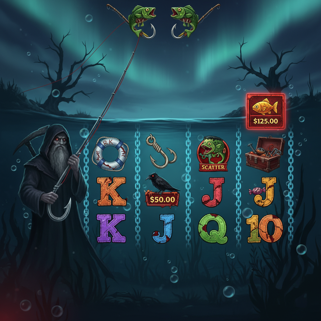 Big Bass Halloween Slot mit Zombie-Bass-Fisch, düsterer Unterwasserszenerie, gruseliger Fischer-Reaper und Halloween-Symbolen auf 5x3 Walzen