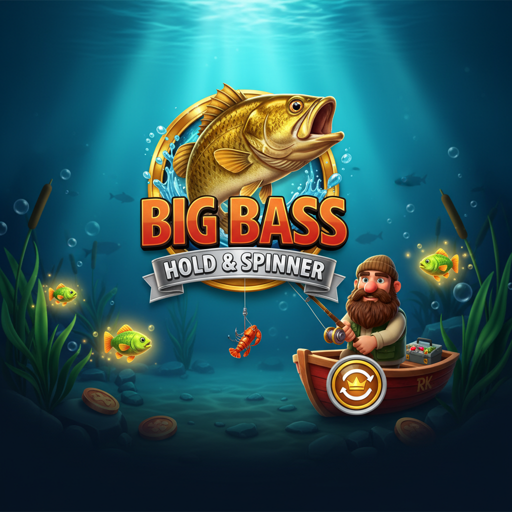 Big Bass Hold & Spinner Slot mit goldenem Barsch, Fischer im Boot, Unterwasser-Angelthema und Money-Symbolen