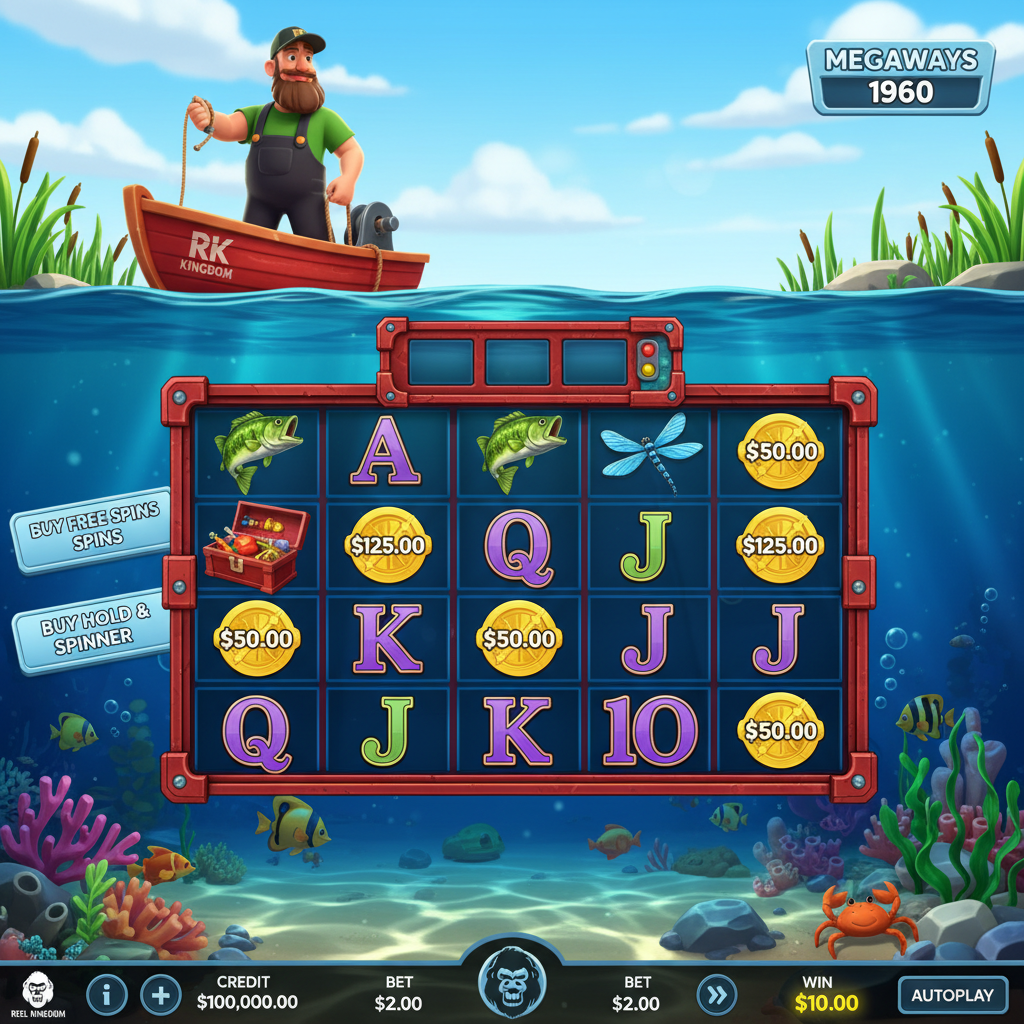Big Bass Hold & Spinner Megaways Slot mit Angler im roten Boot, grünem Bass-Fisch, Unterwasser-Szene mit Rollen und goldenen Münzen, Megaways Mechanik bis 147.456 Gewinnwege