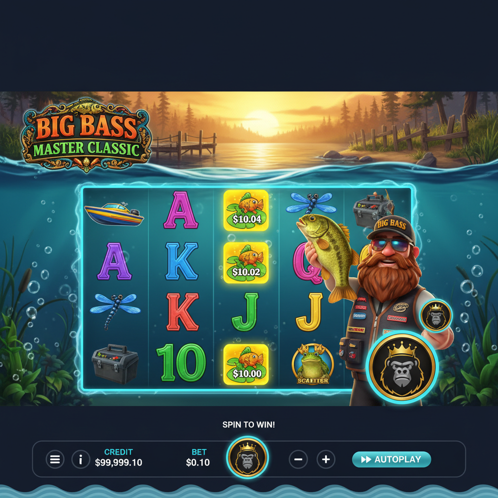Big Bass Master Classic Jackpot Bonanza Slot mit Unterwasser-Angelszene, Fischercharakter mit Bart und Sonnenbrille, bunten Fischen und Fisch-Geldsymbolen auf türkisfarbenem Wasser