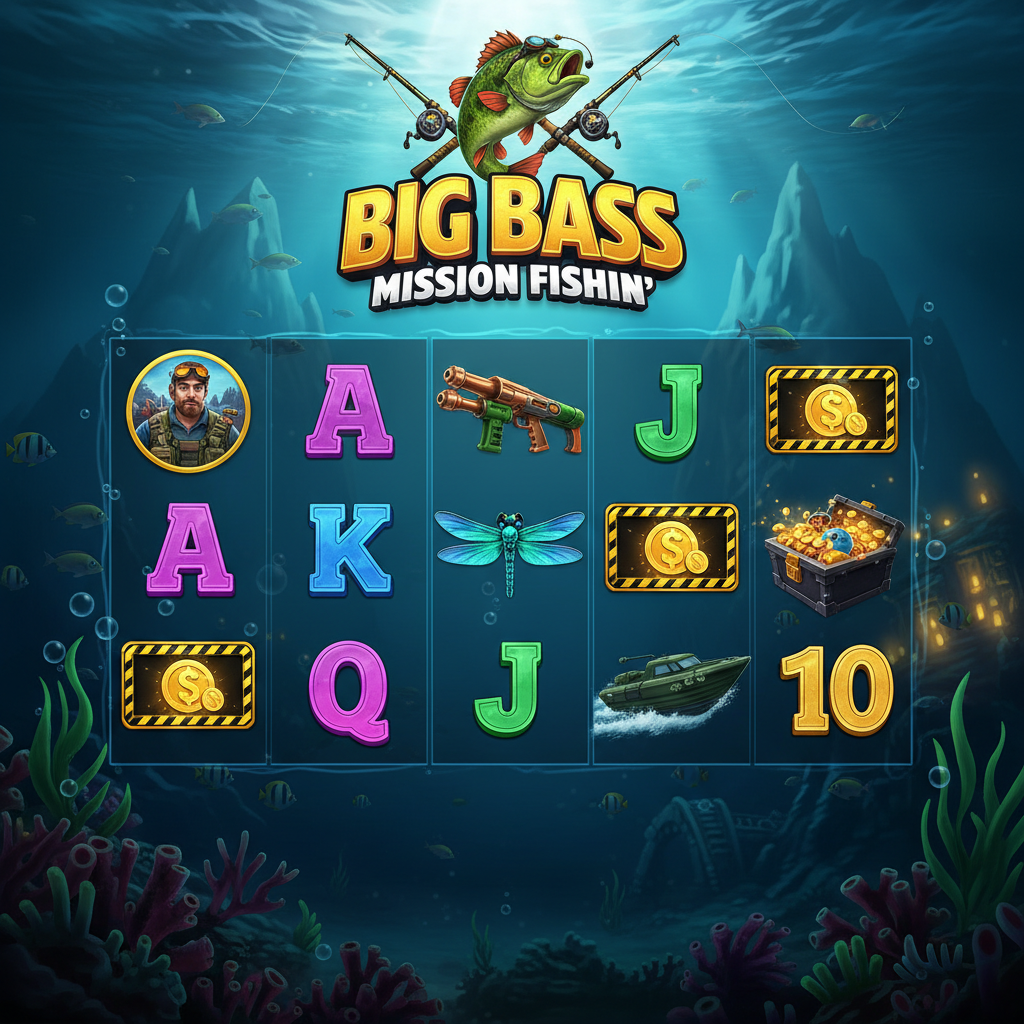 Big Bass Mission Fishin' Slot mit Unterwasser-Thema, taktischem Angler-Charakter, grünem Bass-Fisch und 5x3 Walzen mit Free Spins Features
