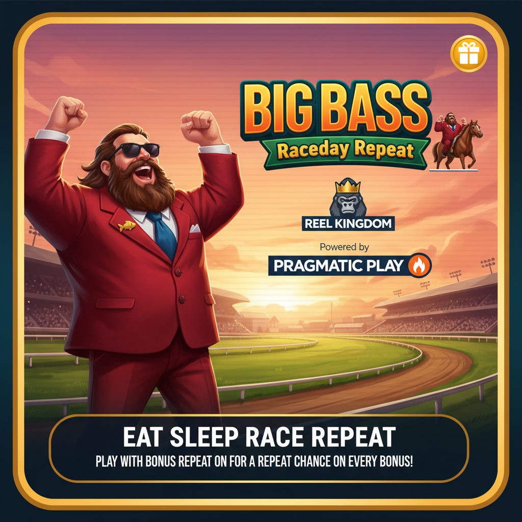 Big Bass Raceday Repeat Spielautomat – Rennbahn bei Sonnenuntergang mit Big Bass Mann in rotem Anzug, Jockeys auf Pferden, Fernglas und Champagner Symbolen
