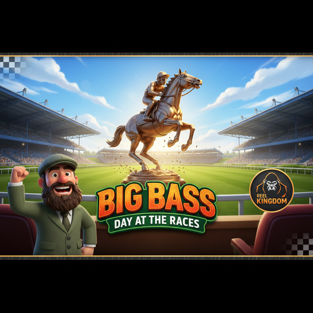 Big Bass Day at the Races Slot mit Rennbahn Grandstand, goldenem Pferde-Jockey Pokal, bärtigem Wettexperten in grüner Tweedjacke vor Racetrack mit Tribüne