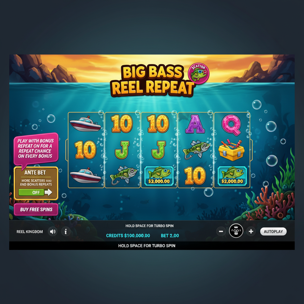 Big Bass Reel Repeat Slot mit 5 Walzen unter Wasser, Bass-Fisch mit 3D-Brille als Scatter, Angler-Wild-Symbol und Money-Symbole mit Dollar-Werten bis 5.000x