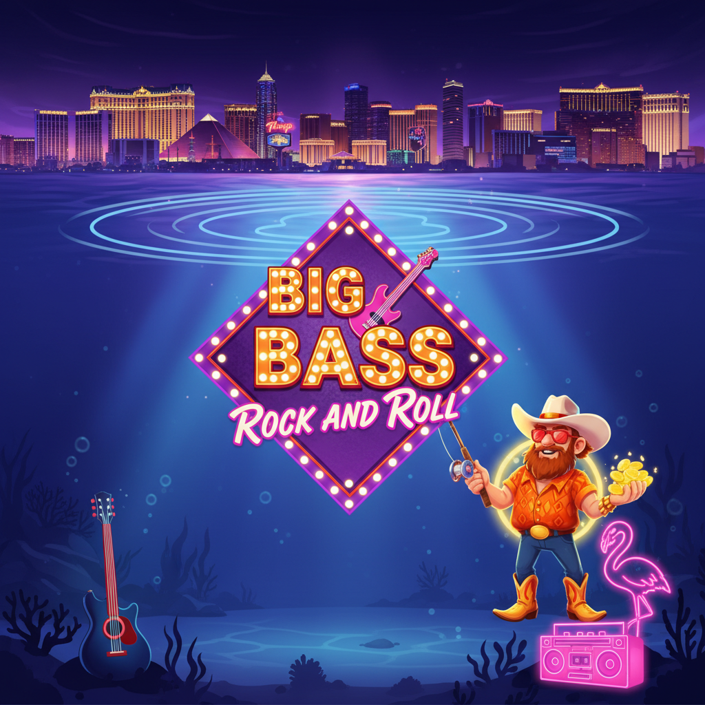 Big Bass Rock and Roll Slot mit Unterwasser-Rockkonzert, pinkfarbenem Cadillac, Flamingos und Fisherman-Rockstar mit Cowboyhut vor Las Vegas Skyline