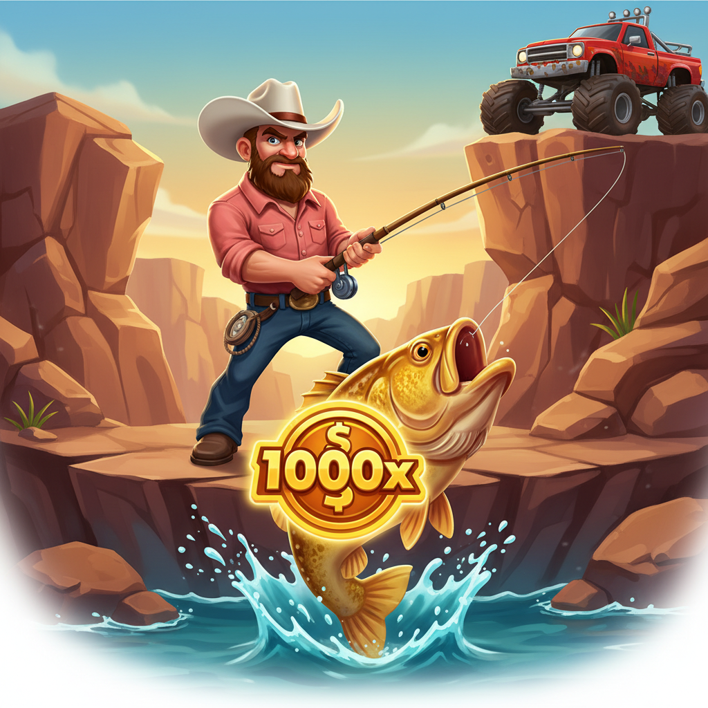 Big Bass Splash 1000 Slot – Angler mit Cowboy-Hut am Canyon mit rotem Monster-Truck, goldener Bass springt aus Wasser mit 1000x Geld-Symbol