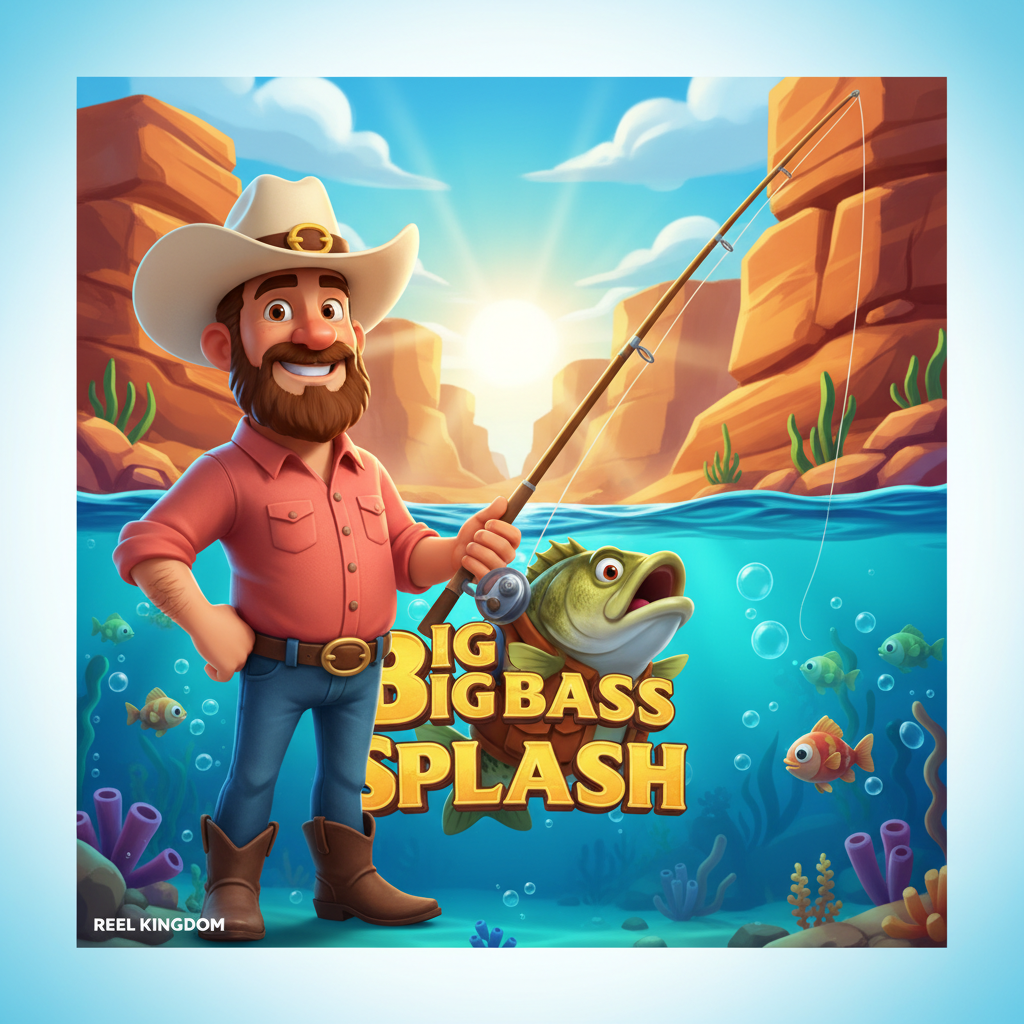 Big Bass Splash Slot von Reel Kingdom mit Angler-Maskottchen, bunten Fischen mit Dollarzeichen und Unterwasser-Canyon-Szene