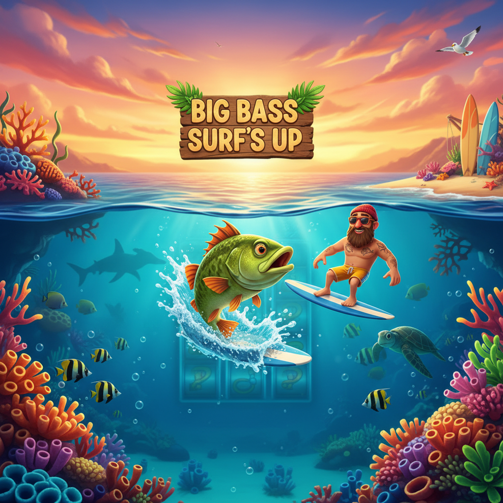 Big Bass Surf's Up Slot mit springendem Bass-Fisch, Surfer, Unterwasser-Ozean-Szene mit Sonnenuntergang, tropischen Korallen und Beach-Elementen