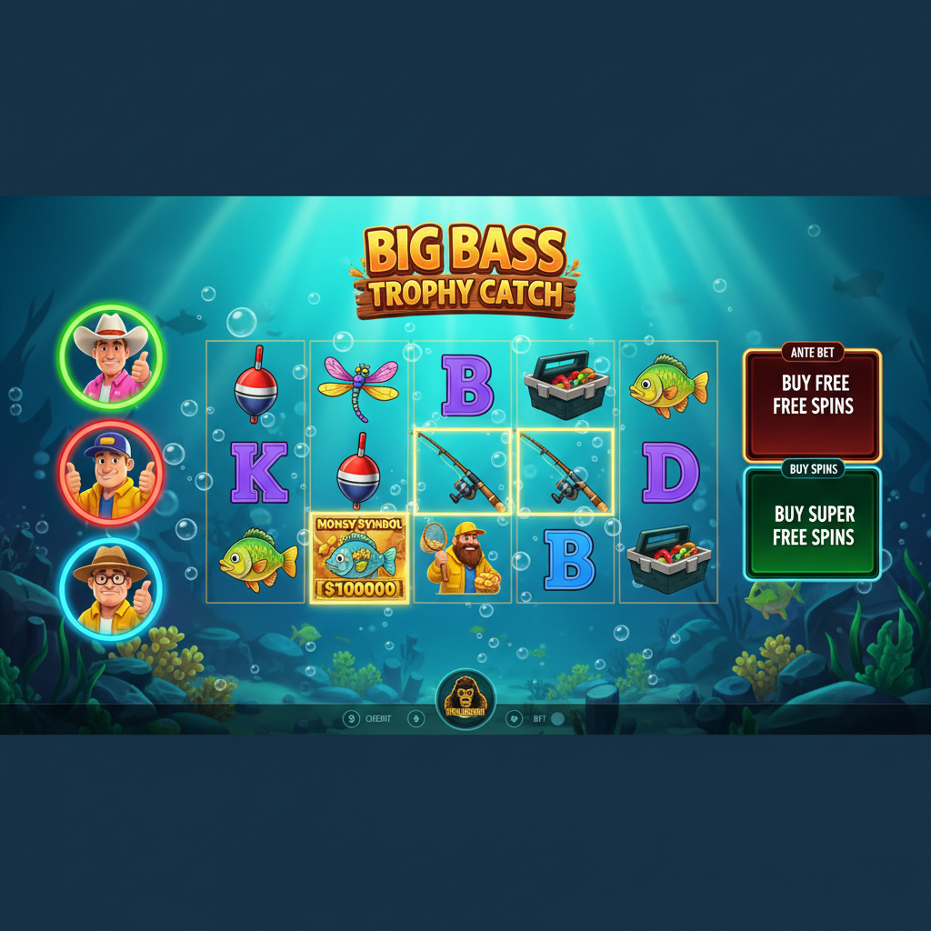 Big Bass Trophy Catch Spielautomat mit 5 Walzen, türkisfarbenem Unterwasser-Hintergrund, bunten Bass-Fischen, Fisherman Wild-Symbolen und goldenen Money-Symbolen bis 10.000 Dollar