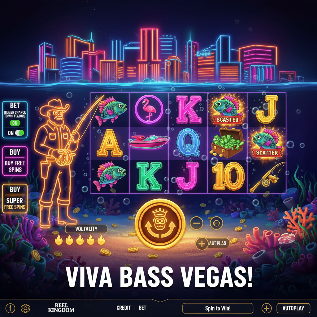 Big Bass Vegas Double Down Deluxe Slot mit neonbeleuchteter Unterwasser-Las-Vegas-Kulisse, bunter Bass-Fisch mit Federschmuck, Cowboy-Angler, rosa Speedboot, Flamingo und goldenen Münzen auf 5x4 Walzen