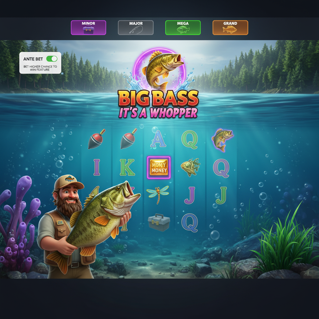 Big Bass It's a Whopper Jackpot Bonanza Slot mit springendem Bass, Angler, Unterwasserthema und vier progressiven Jackpots von Pragmatic Play