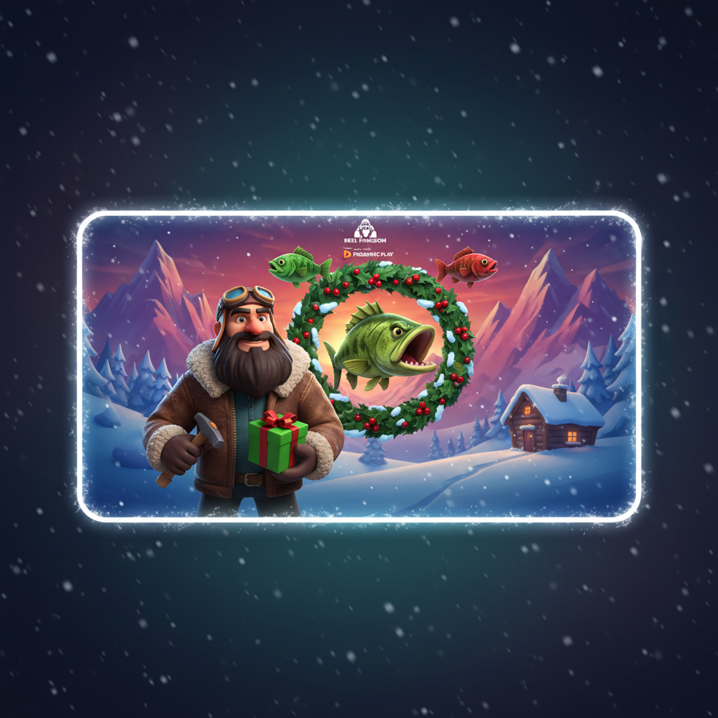 Big Bass Xmas Xtreme Slot mit Weihnachts-Thema, Angler-Charakter mit Bart und Sonnenbrille, arktischer Bass-Fisch durch Weihnachtskranz springend, verschneite Berge im Hintergrund