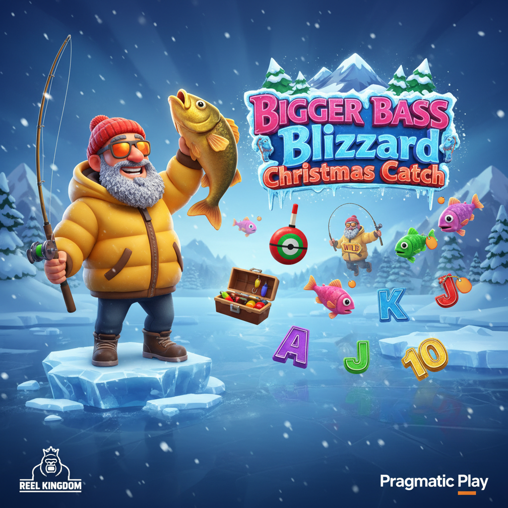 Bigger Bass Blizzard Christmas Catch Spielautomat mit Eisfischer-Charakter, winterlicher Schneelandschaft, bunten Fischsymbolen und Freispiel-Features von Pragmatic Play