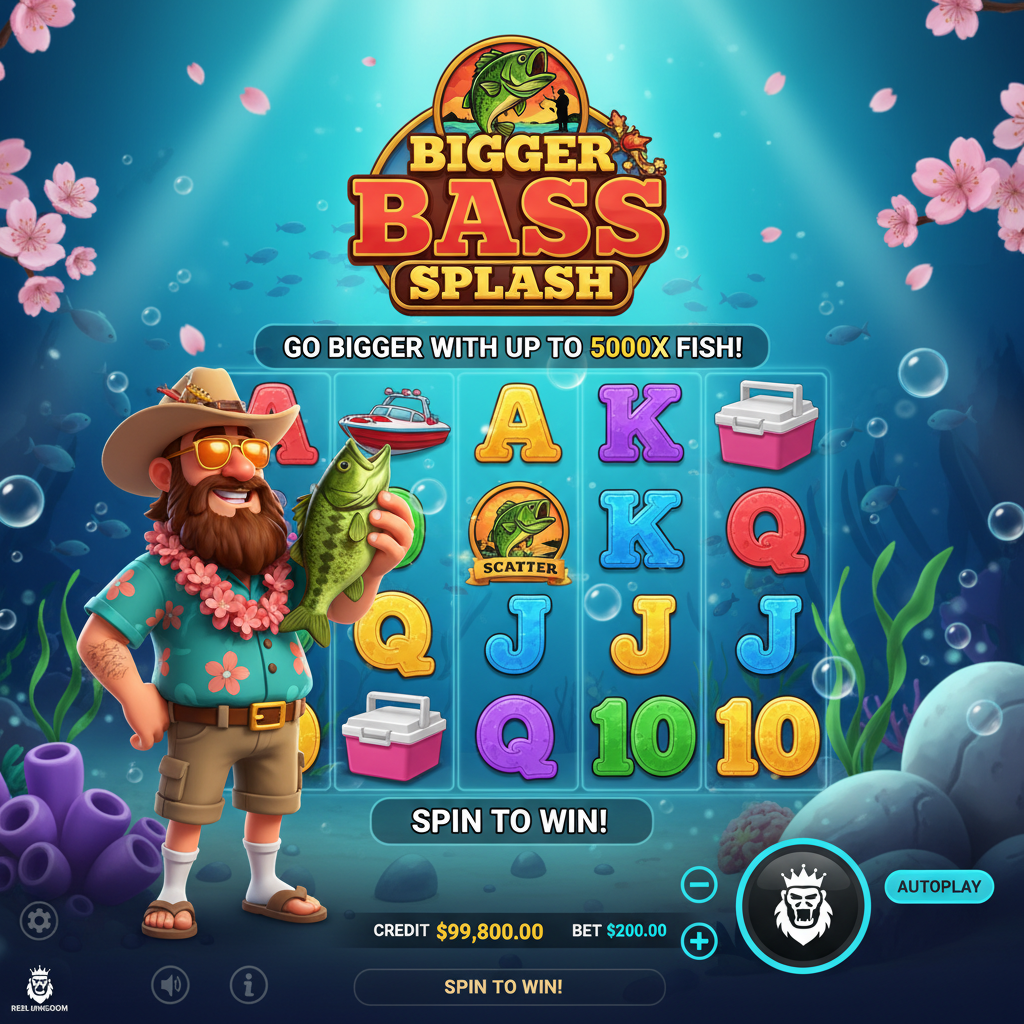 Bigger Bass Splash Slot mit tropischem Fischer-Charakter, bunten Rollen unter Wasser, Bass-Fisch Scatter-Symbolen und Geldwert-Features