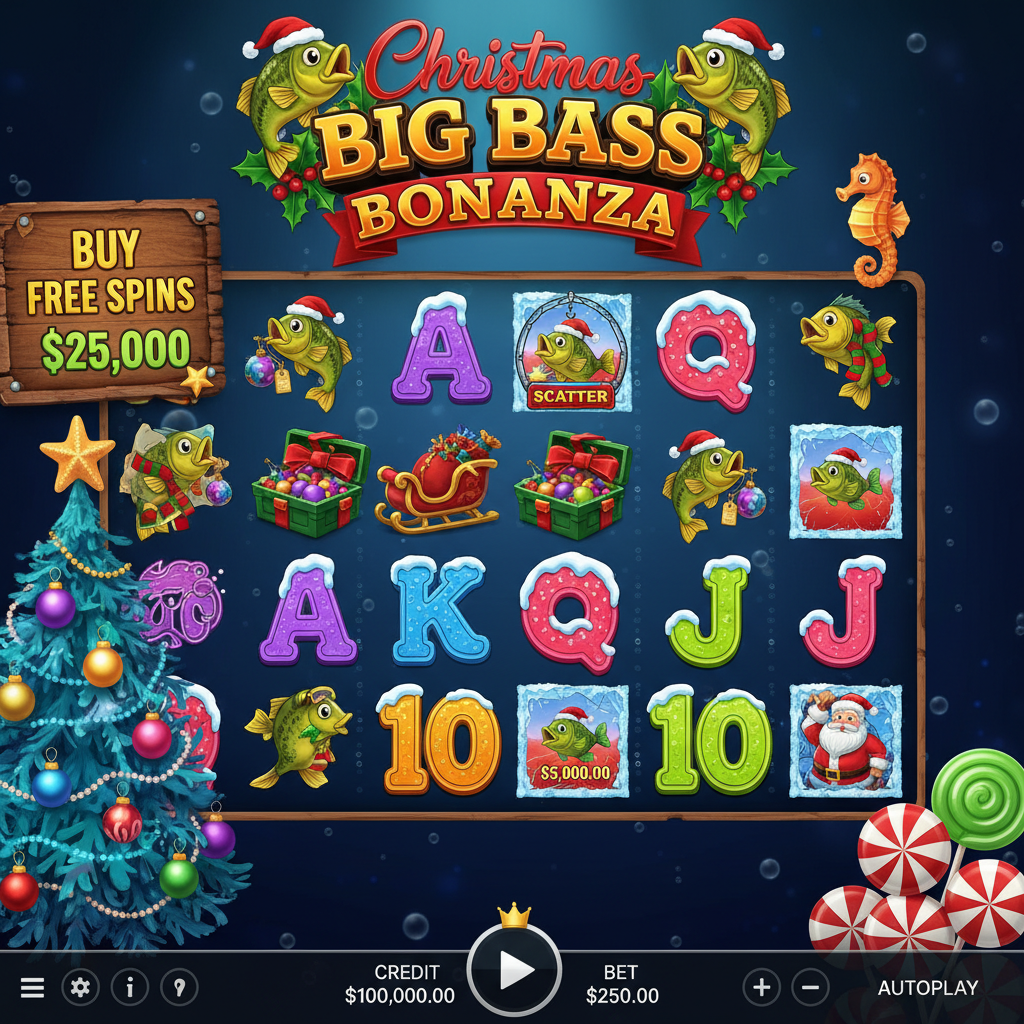 Christmas Big Bass Bonanza Slot mit Unterwasser-Weihnachtsthema, Santa-Fisch-Symbolen, festlichen Bonbon-Dekorationen und gefrorenen Buchstaben auf 5x3 Walzen