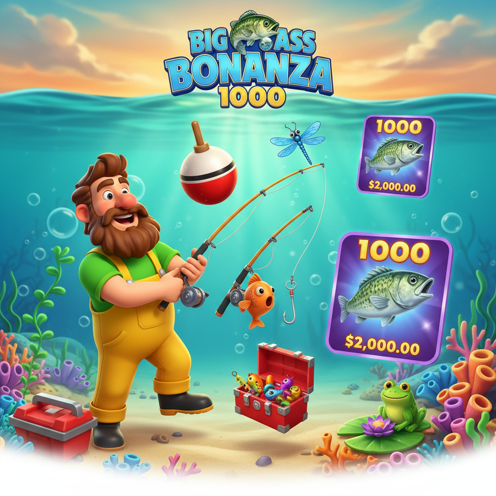 Big Bass Bonanza 1000 Slot - fröhlicher Angler mit grünem Shirt und gelber Anglerhose in türkisfarbener Unterwasserwelt mit Bass-Fischen, Schwimmer-Symbolen und Sonnenuntergang-Himmel